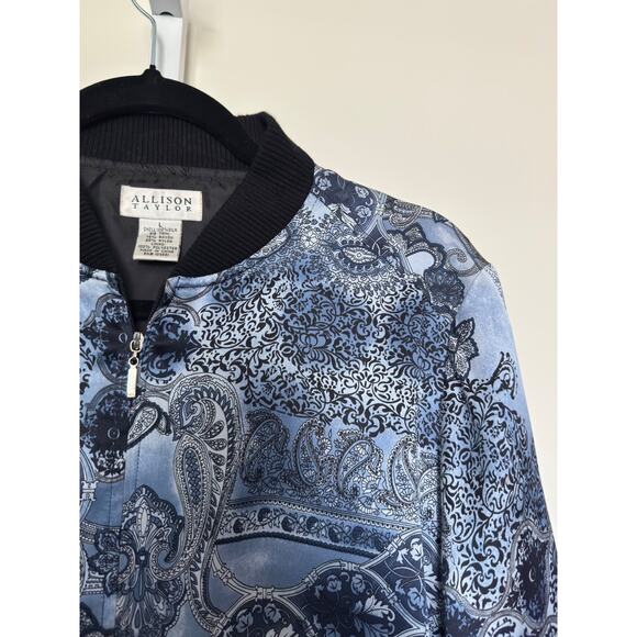 VTG 90s 100% Silk Bomber Jacket Women’s Sz Large Light Blue Allison Taylor - Picture 5 of 11